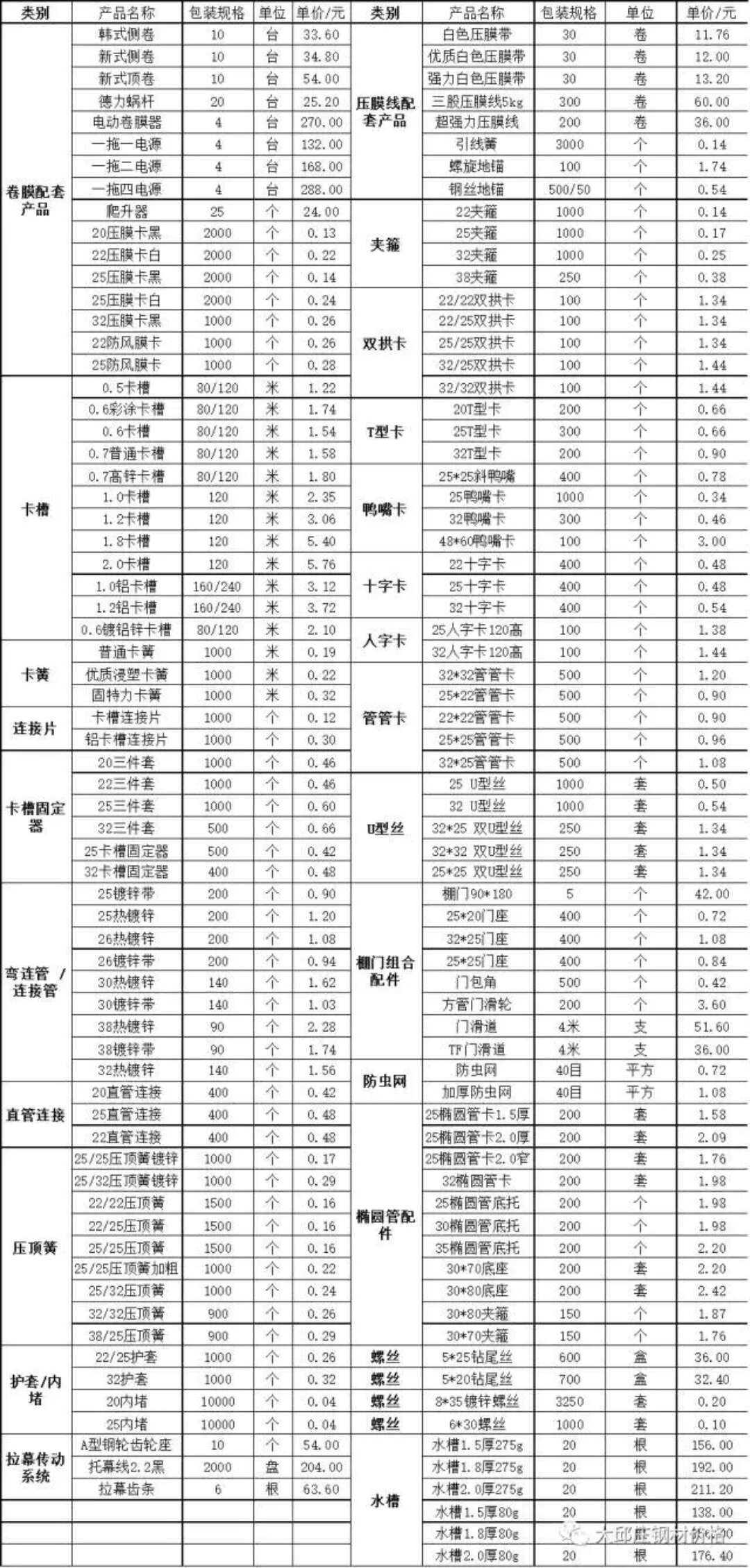 大棚配件价格表大全